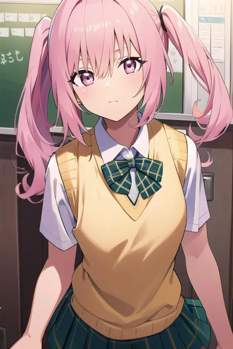 a close up of a person in a school uniform with pink hair