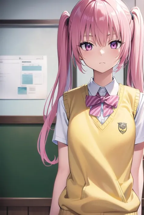 anime girl with pink hair and a yellow vest and tie