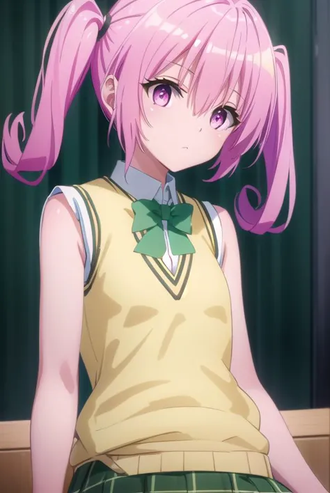 nanadeviluke, <lyco:nana deviluke darkness-lyco-nochekaiser:1>,
nana asta deviluke, fang, long hair, (pink eyes:1.5), pink hair, tail, twintails, (flat chest:1.2),
BREAK green skirt, plaid, plaid skirt, sainan high school uniform, school uniform, skirt, shirt, white shirt, sweater vest, (yellow sweater vest:1.5), short sleeves,
BREAK indoors, classroom,
BREAK looking at viewer, (cowboy shot:1.5),
BREAK <lyco:GoodHands-beta2:1>, (masterpiece:1.2), best quality, high resolution, unity 8k wallpaper, (illustration:0.8), (beautiful detailed eyes:1.6), extremely detailed face, perfect lighting, extremely detailed CG, (perfect hands, perfect anatomy),