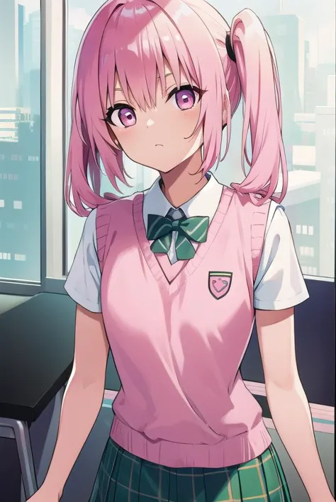 anime girl with pink hair and green skirt standing in front of a window