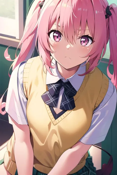 anime girl with pink hair and a yellow shirt and tie