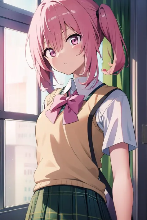 anime girl with pink hair and a bow in front of a window