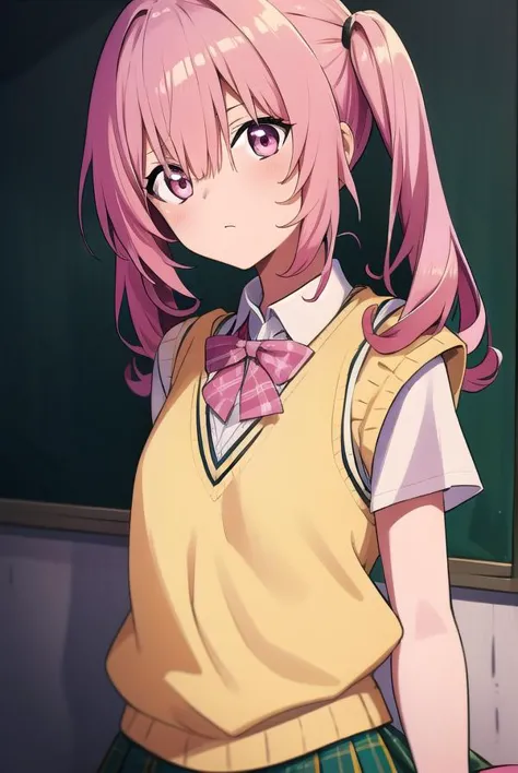 anime girl with pink hair and a yellow shirt in front of a blackboard