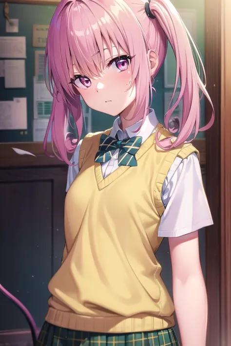 anime girl with pink hair and school uniform standing in front of a desk