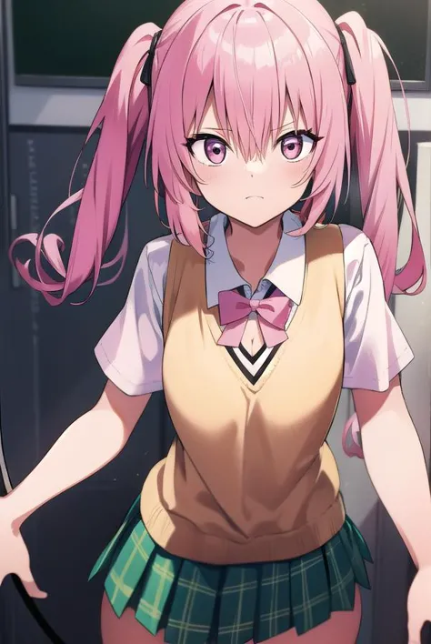 anime girl with pink hair and school uniform standing in front of a door