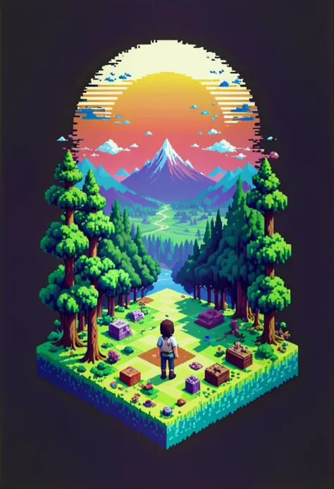 a pixel art of a man standing in front of a mountain