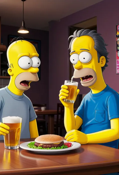 simpsons characters eating a burger and drinking beer at a table