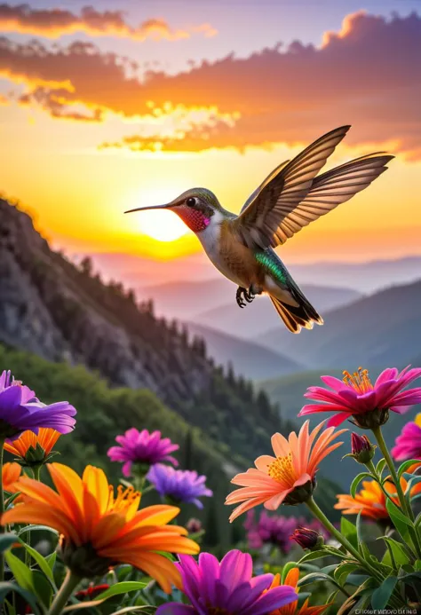 a close up of a hummingbird flying over a field of flowers