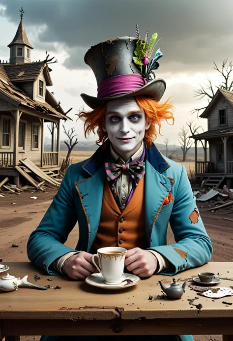 arafed image of a man dressed as a mad hat and holding a cup