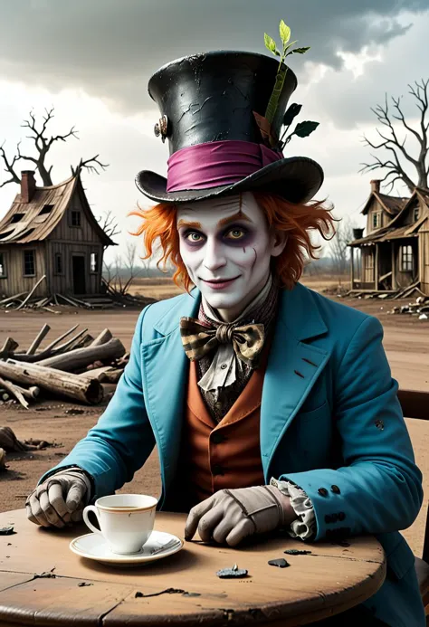 araffe dressed as a mad hatter sitting at a table with a cup of coffee