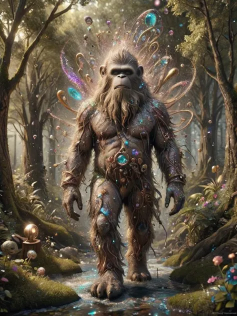 a bigfoot in a forest with bubbles and bubbles