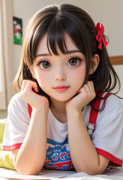 a close up of a young girl laying on a bed with her hand on her chin