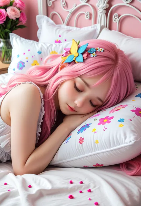 a girl sleeping in her room, closed eyes, slight smile, cute, kawaii, magical, bright pink hair, flowers, long flowy hair, head on pillow, fantasy, magical creatures around girl sleeping, creatures, angel wings