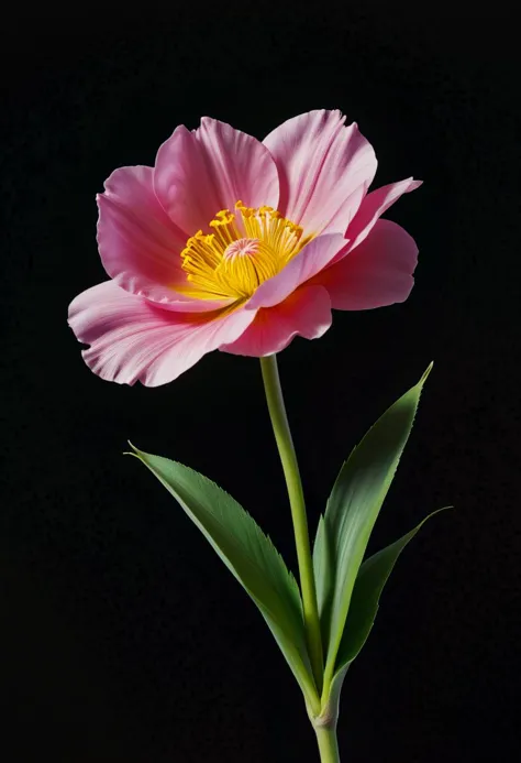 there is a pink flower with a yellow center on a black background