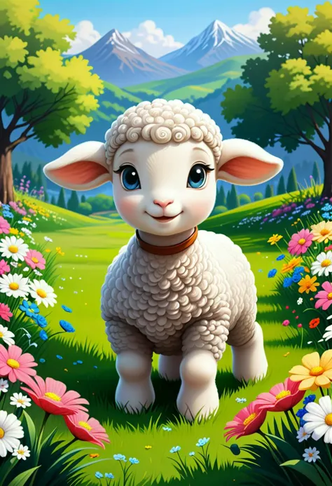 a cartoon sheep standing in a field of flowers with mountains in the background