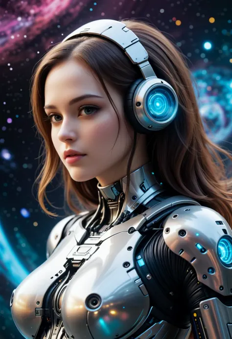 a woman in a futuristic suit with headphones on