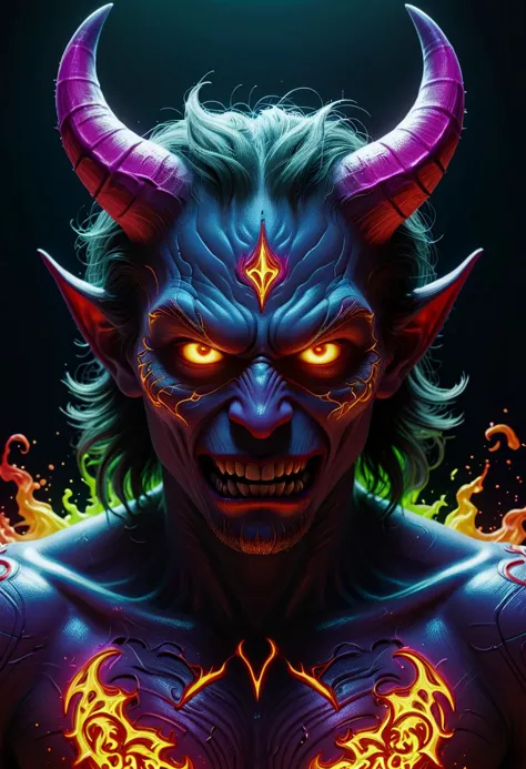 a close up of a demonic demon with glowing eyes and horns