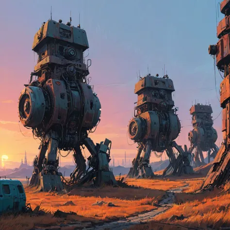 a painting of a group of robots walking across a field