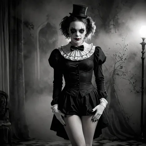 A place with a morbid look that resembles a funeral, (foggy:1.2), silhouetted in soft shadow (full body photograph:1.2) (Black White clown outfit:1.3) (slender beautiful supermodel:1.1) hands on her hips detailed background bokeh <lora:add-detail-xl:1>