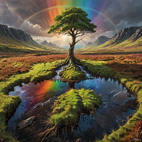 Lone tree in center of bog down in the valley. Ireland. Rainbow end. Cozy and magic athmosphere, sharp focus, detailed and intricate environment, photorealistic, hyperdetailed painting, acrylic, global illumination, realistic shaded, art by Joe Jusko, Greg Hildebrandt, Jordan Grimmer, Krenz Cushart