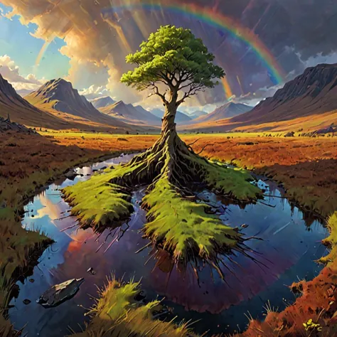 a painting of a tree with a rainbow in the background