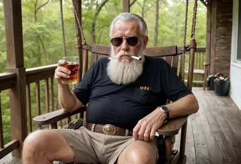 araffe sitting on a porch swing with a glass of beer