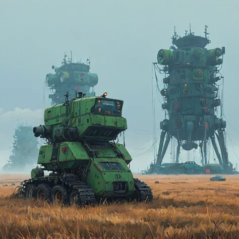 there is a large green tank sitting in a field with a large robot in the background