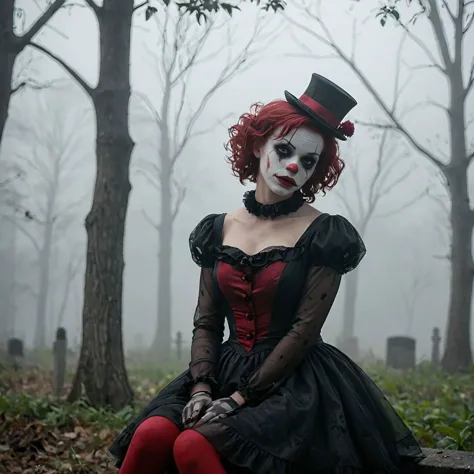 araffe dressed in a black and red dress sitting on a bench