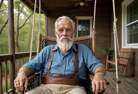 arafed man sitting in a chair on a porch with a swing