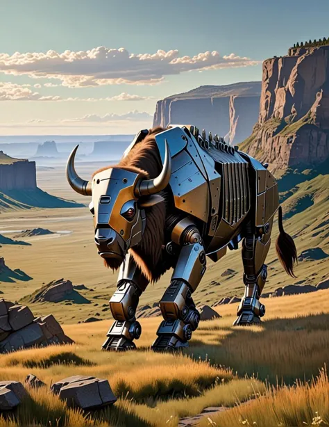 in an expansive landscape with cliffs and grazing bison, a massive, metallic robot stands amidst nature and blends sci fi and pa...