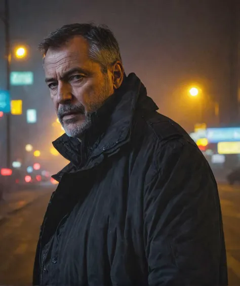 a man standing on a street at night in the fog