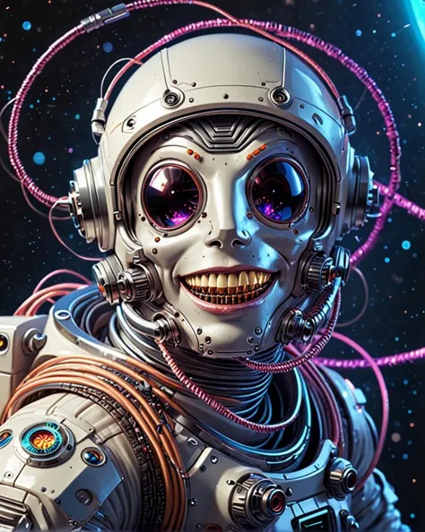 mischievous cyborg astronaut with tangle of sparkling wires and a grin that's out of this world, <lora:sdxl_lightning_8step_lora...