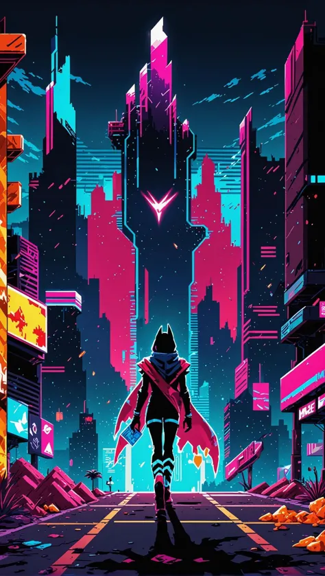 hyper light drifter video game style, pixel art, neon colors, retro futuristic, detailed hands_up (blue sky:1, empty sidewalk of...