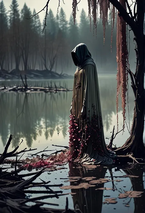 "a lone figure, cloaked in tattered remnants of a forgotten dream, stands at the edge of a lake whose waters writhe and churn like a tormented soul. the figure's face is obscured by a veil of tears stained silk, while its body is draped in a gown made from the withered petals of long forgotten love. the surrounding environment is shrouded in a dismal haze, as if the very sky itself has been drained of all color and light. in the distance, jagged rock formations pierce the air like shards of shattered hope.", <lora:sdxl_lightning_8step_lora.safetensors:0.7>