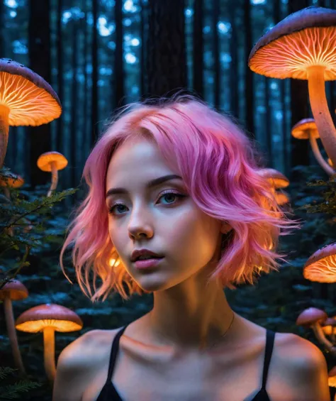 a close up of a woman with pink hair and mushrooms in the background