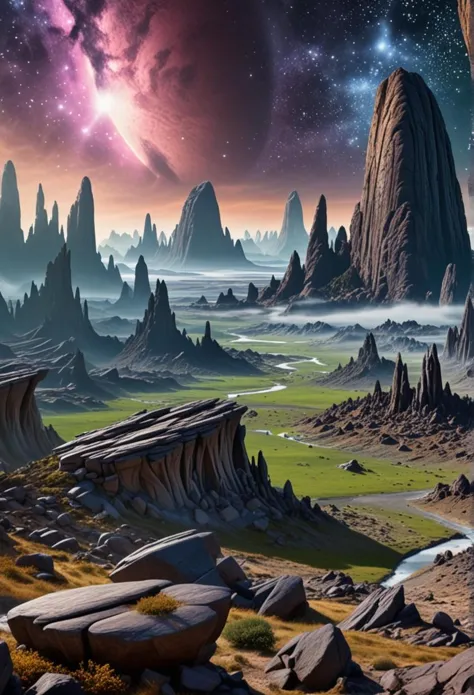 a landscape with a lot of rocks and a lot of stars, fantasy matte painting，, impressive fantasy landscape, epic dreamlike fantas...