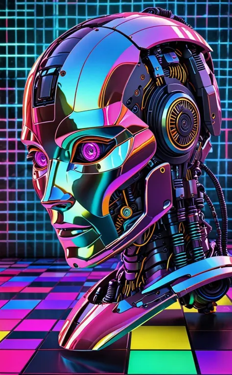 a metallic, robotic styled humanoid head fills this digital art piece set against a grid patterned floor; the work includes a vi...