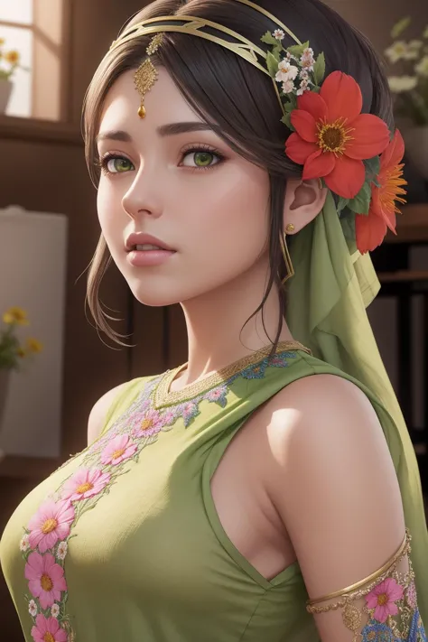 a woman in a green dress with flowers in her hair