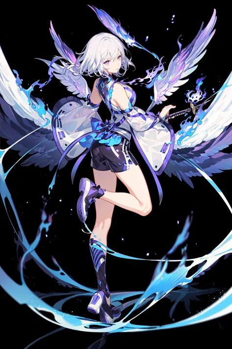 (full body:0.8),(official art), extremely delicate and beautiful, depth of field, solo, a beautiful detailed girl, solo,girl,white hair,(white (aromor:1.4)),(blue fire:1.3), (flame wings:1.3), (black shorts), (purple eyes:1.3),long hair,Metal sports shoes,depth of field,white backround,(holding sword), clevage,dynamic pose, (short hair),