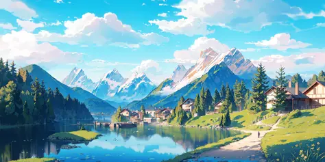 detailed background, masterpiece, best quality, scenery, mountains, river, forest, sun, day, clouds