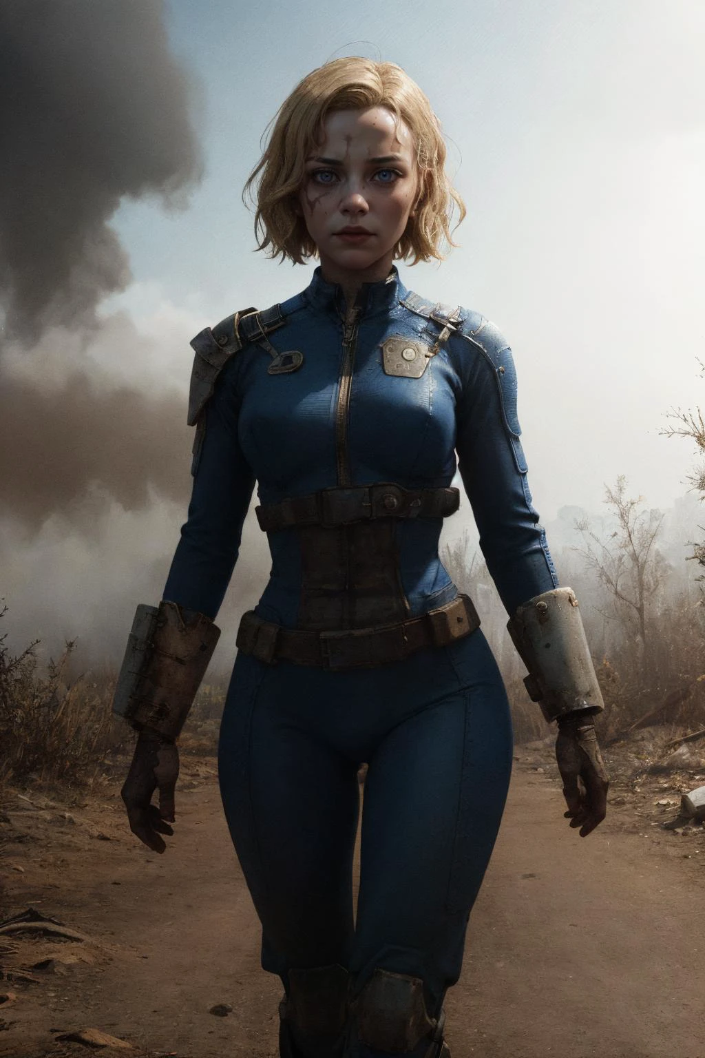 post-apocalypse, fog, (best quality, masterpiece, bokeh, highres), fallout 4, 1girl, blue vaultsuit, VaultGirl, blonde hair, narrowed eyes, short hair, without pipboy3000, leather armored, walking, closed mouth, lake, radiation symbol, upper body, running towards viewer, night, furrowed brow, 
 more grainy 