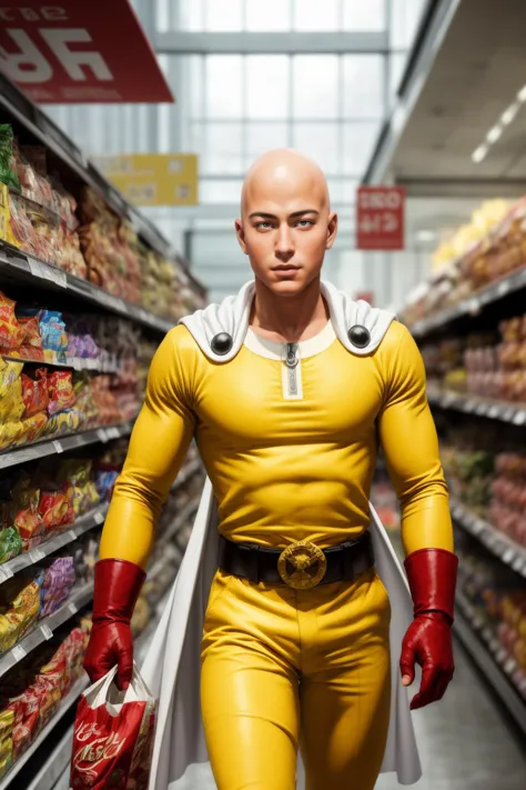 masterpiece, best quality, 1boy,realistic,    <lora:Saitama:0.8> saitama, anime, one punch, one one-punch man, yellow bodysuit, ...