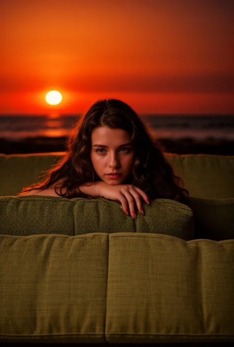 arafed woman sitting on a couch at sunset with her arms resting on the arm of the couch