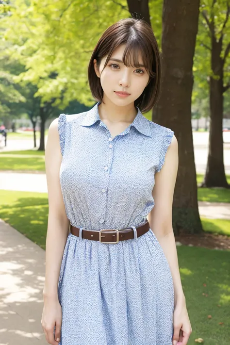 a woman in a blue dress standing in a park with trees