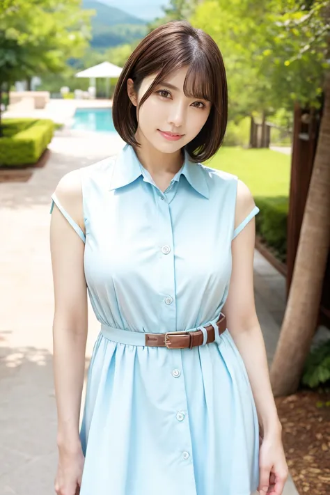 a woman in a blue dress standing in front of a pool