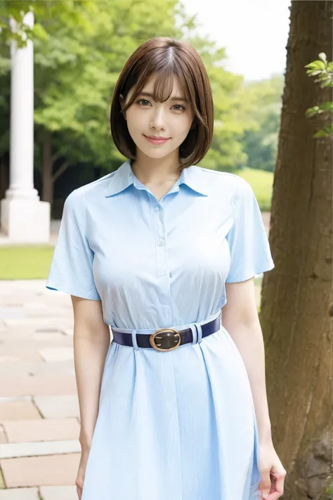 a close up of a woman in a blue dress standing near a tree