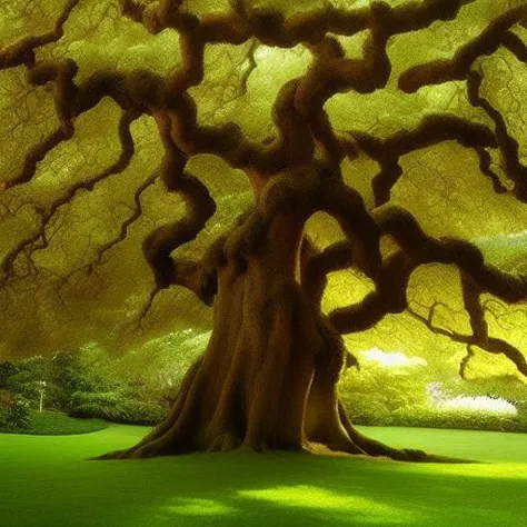 a close up of a tree with a green field and a bench