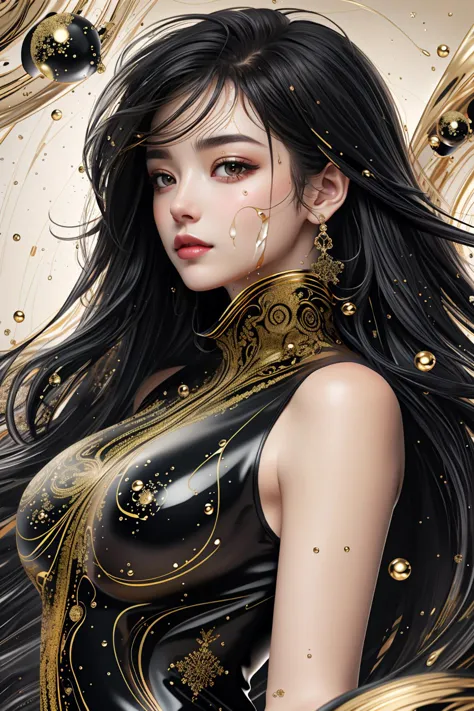 (masterpiece, best quality, official art, beautiful and aesthetic),1 girl stands in black and gold fluid,half naked,looks at vie...