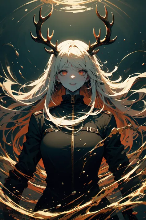 (full body,demon, evil,horror deer theme,hellsing,cult:1.3), masterpiece, best quality, ultra-detailed, absurdres, particles, backlighting,depth of field, night, blurry background, grin,
upper body,1 taller demon girl lays in black and gold fluid,demon horn,(golden glowing eyes:1.2),looks at viewer,black and gold thick liquid,floating blond long (wet hair),asphalt drops,precise facial structure,gradient white fluid,organic feel,viscous,shiny gel,bubbles,  blooming antlers