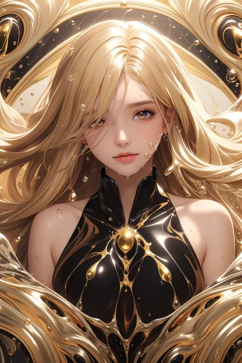 (masterpiece, best quality, official art, beautiful and aesthetic),upper body,1 girl lays in black and gold fluid,half naked,loo...